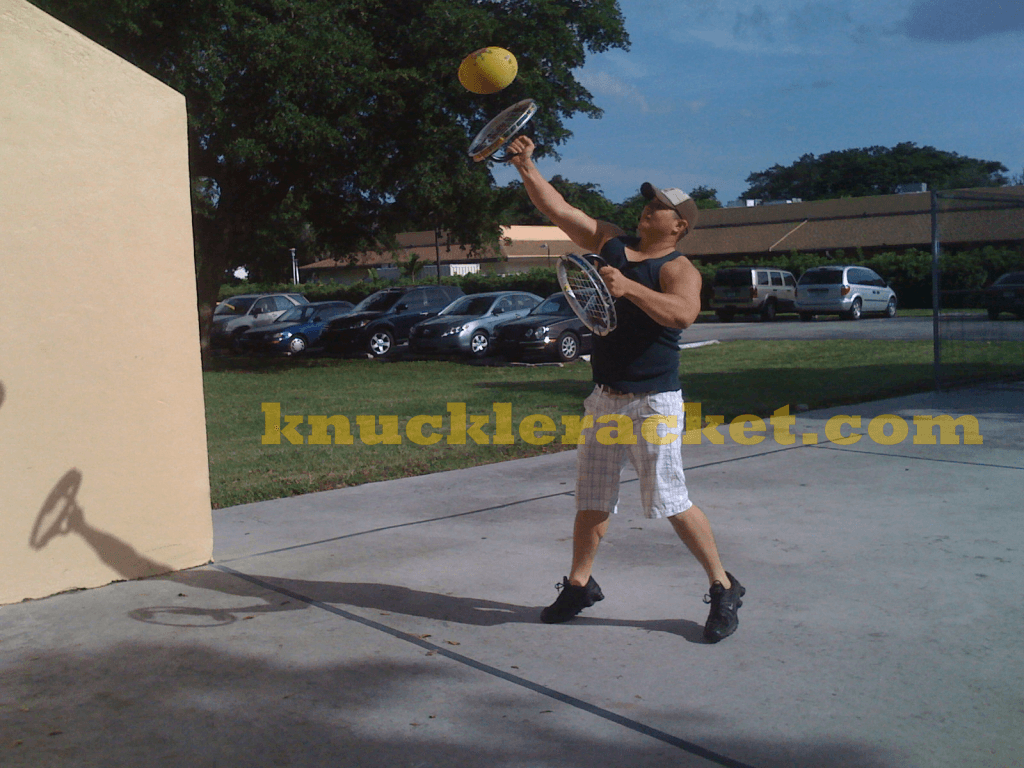 First prototype of the knuckle-racket, shown used by inventor Jose Castillo